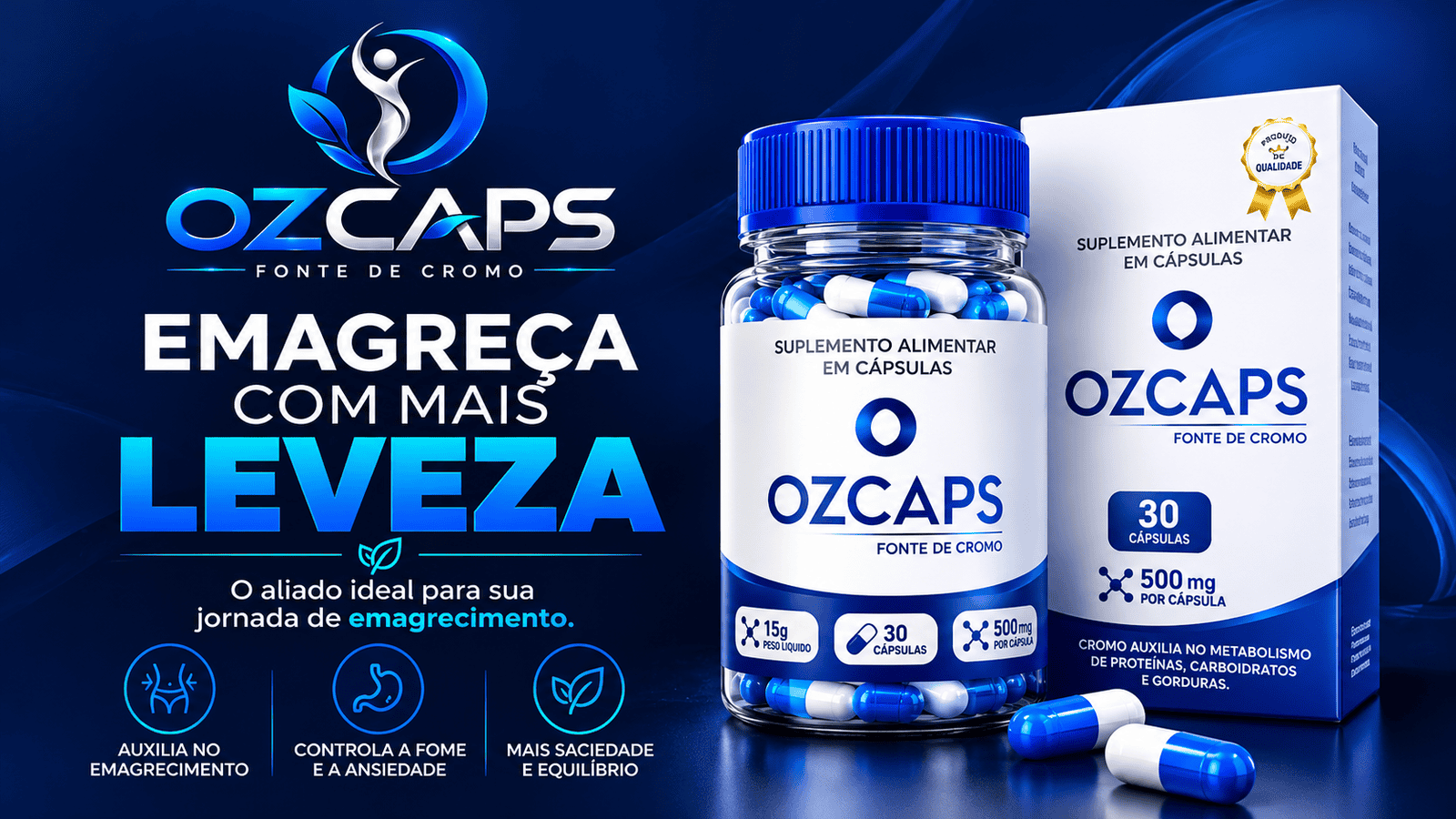 Frascos OzCaps, suplemento alimentar fonte de cromo, 30 cápsulas